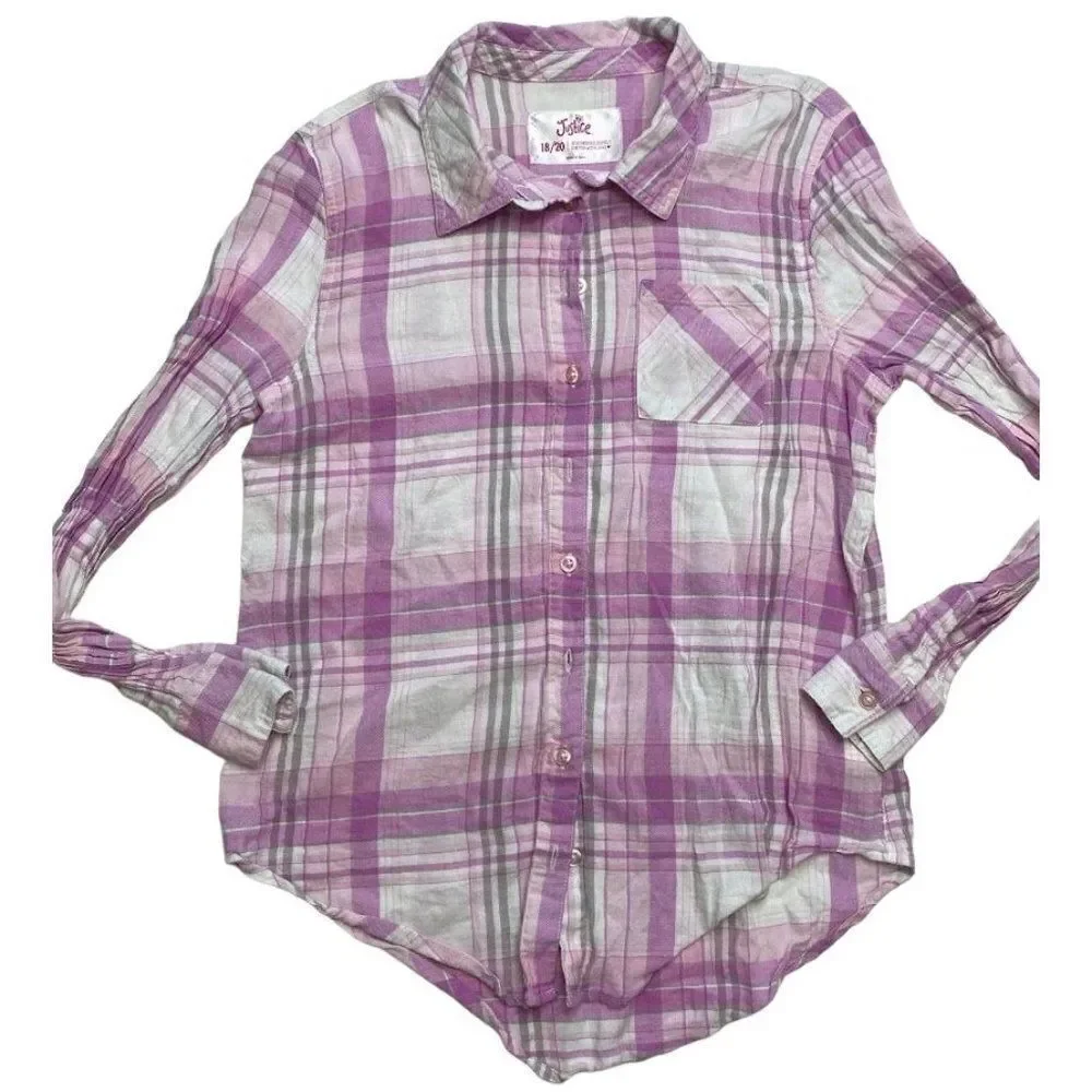 2 Ct Justice Girls Plaid Button‎ Down Tops Pink White  & Green Blue Sz 18 20